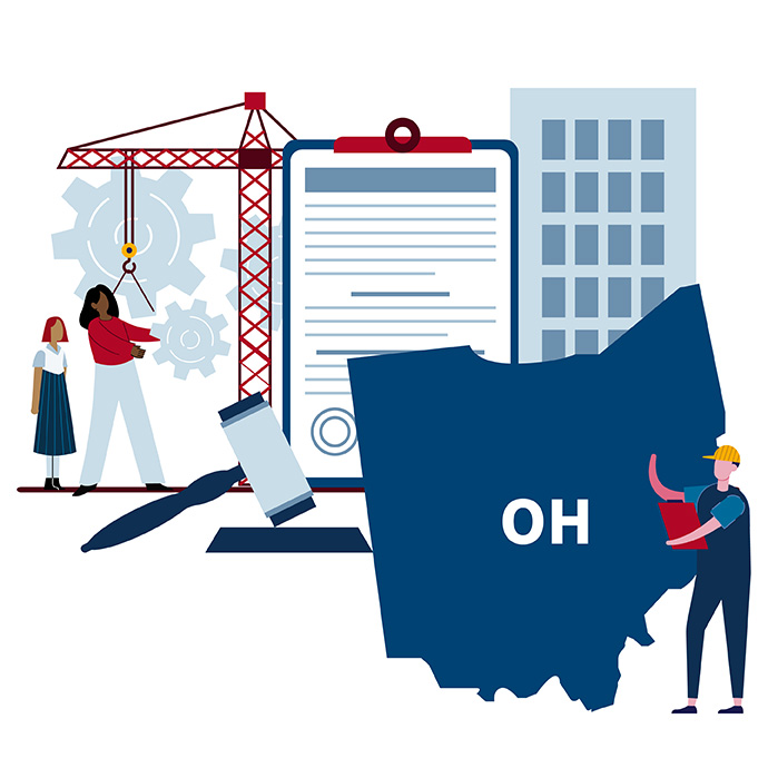 A graphic showing the state of Ohio, with people working on recovery efforts around it.